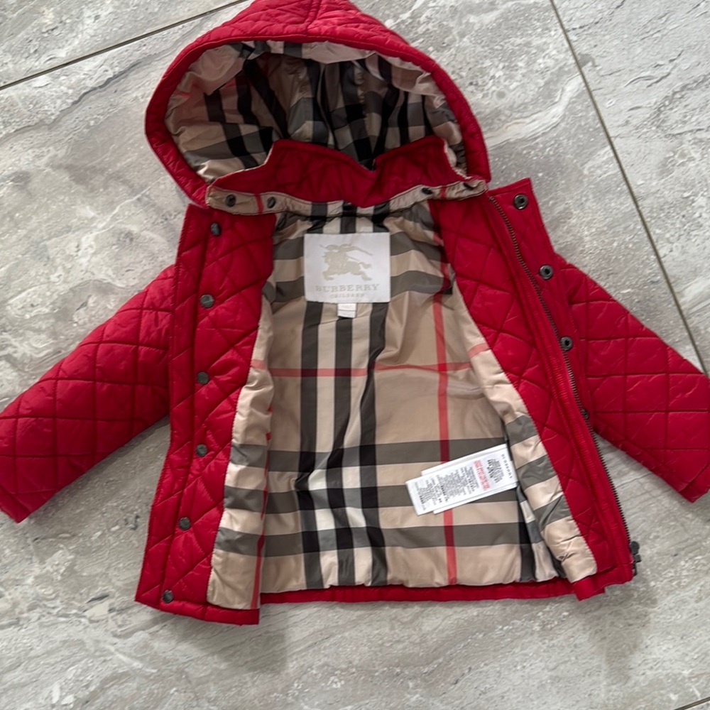 Burberry Red Quilted Puffer Coat with Hood